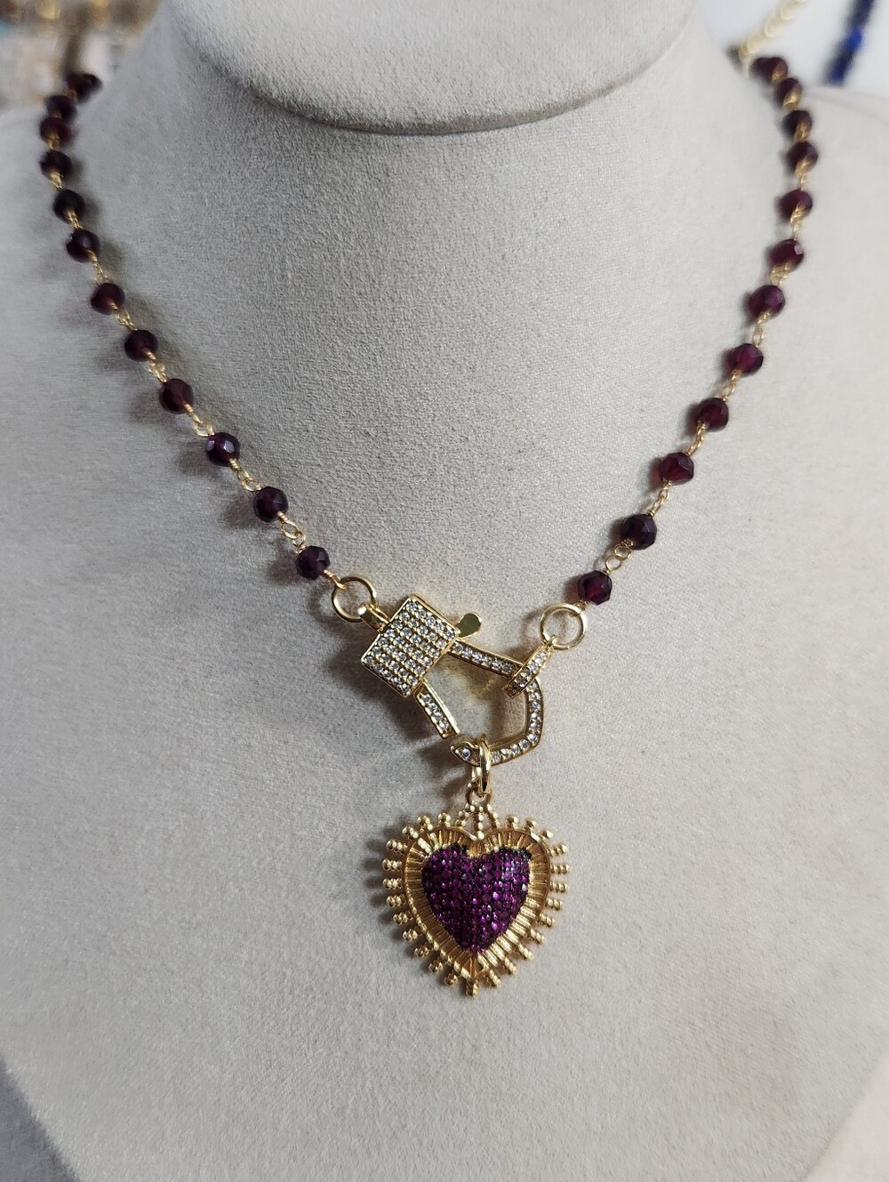 Gold Garnet Heart Charm Necklace